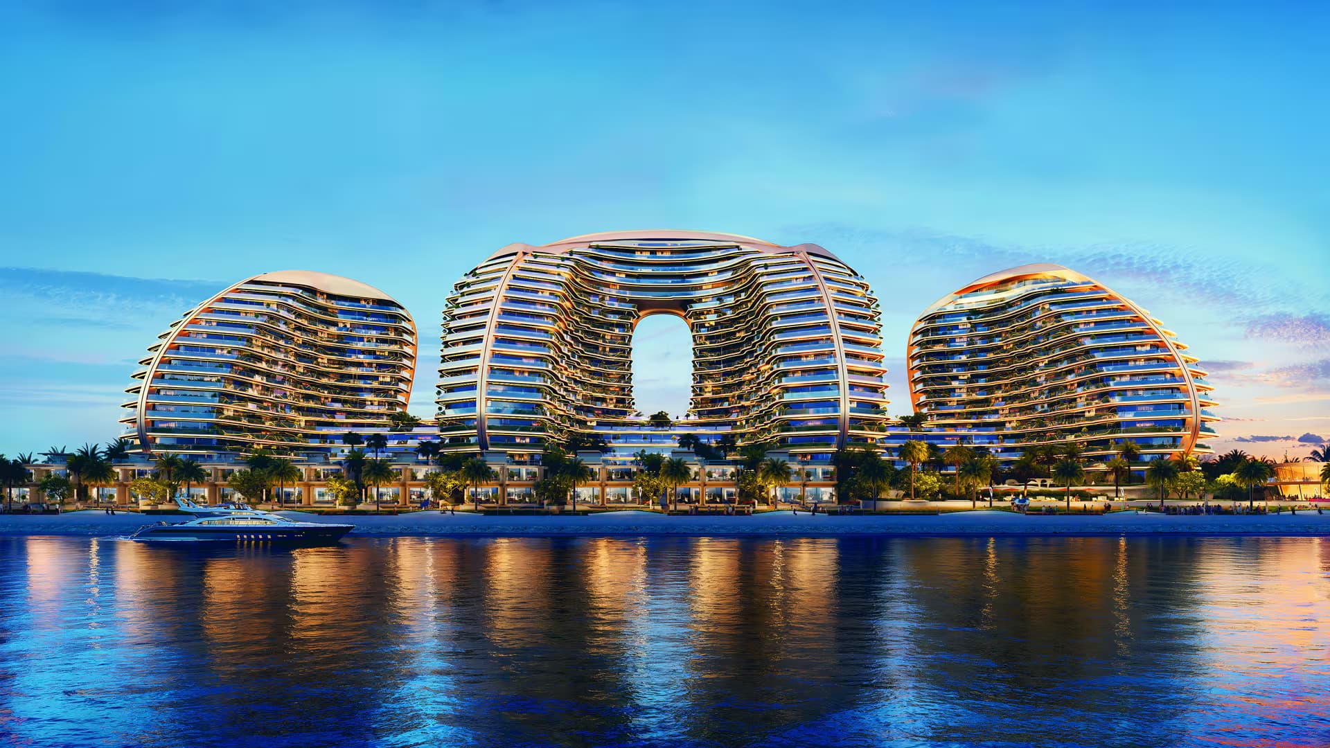 OYSTRA Waterfront bei Dämmerung